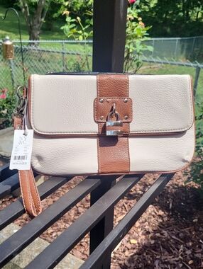 New York & Company Cream and Brown Two-Tone Wristlet Clutch